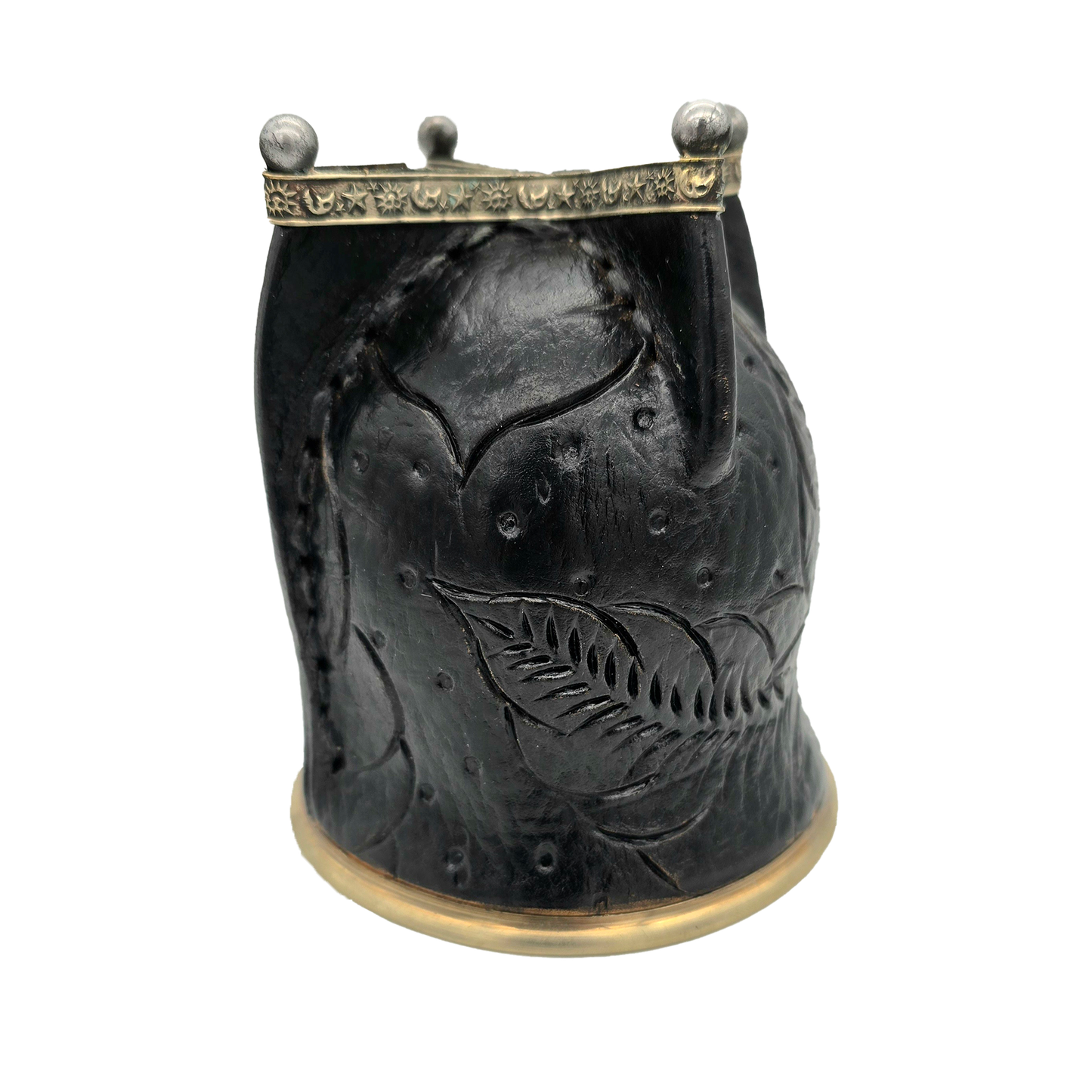 Handmade Carved Leather Camionero Calabash Gourd With Steel Ring Base (Black)