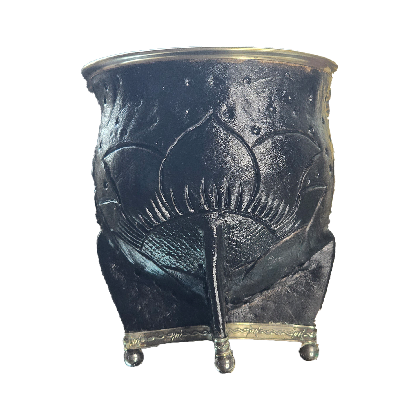 Handmade Carved Leather Camionero Calabash Gourd With Steel Ring Base (Black)