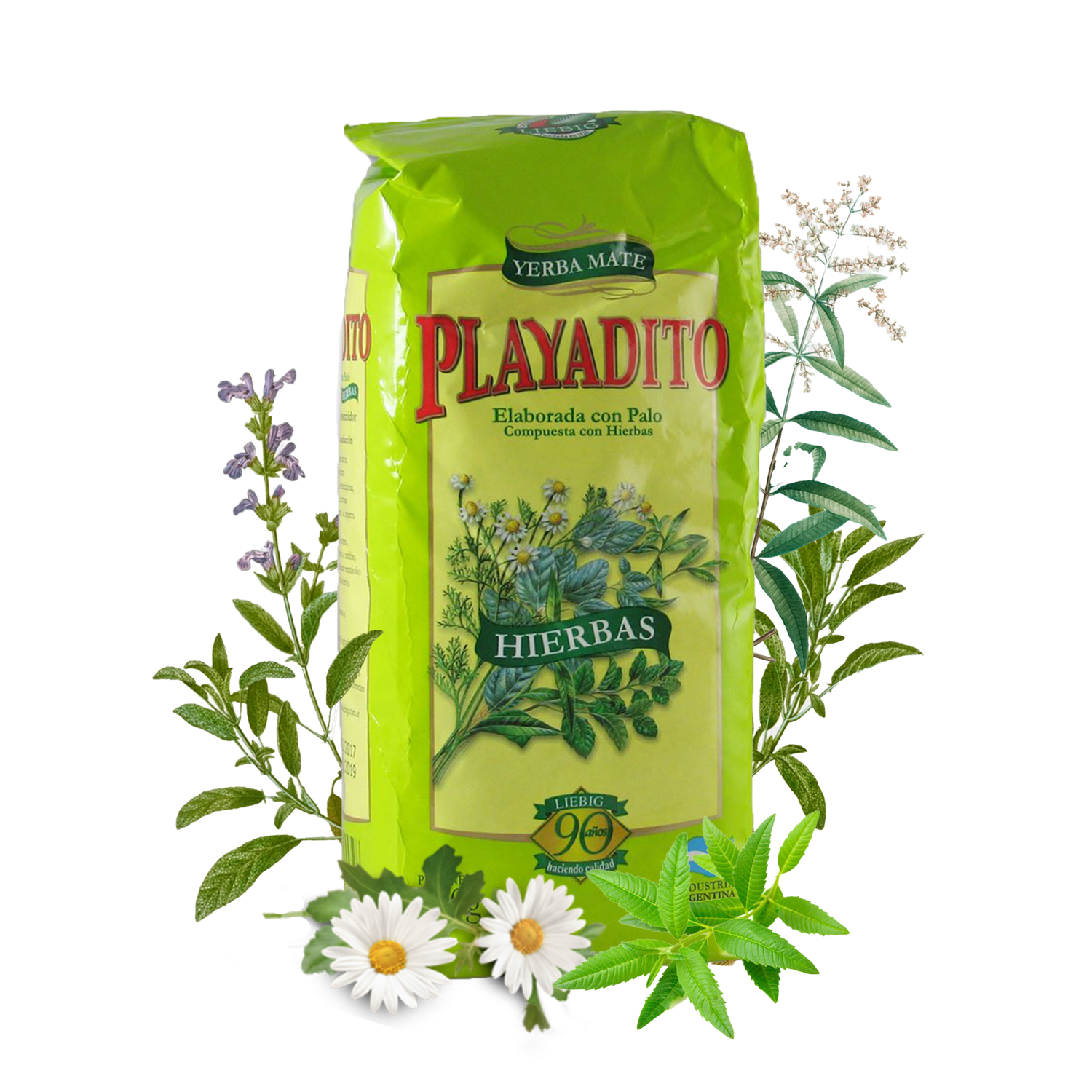 A package of Playadito Hierbas Yerba Mate tea with an illustration of herbs and flowers on the front.
