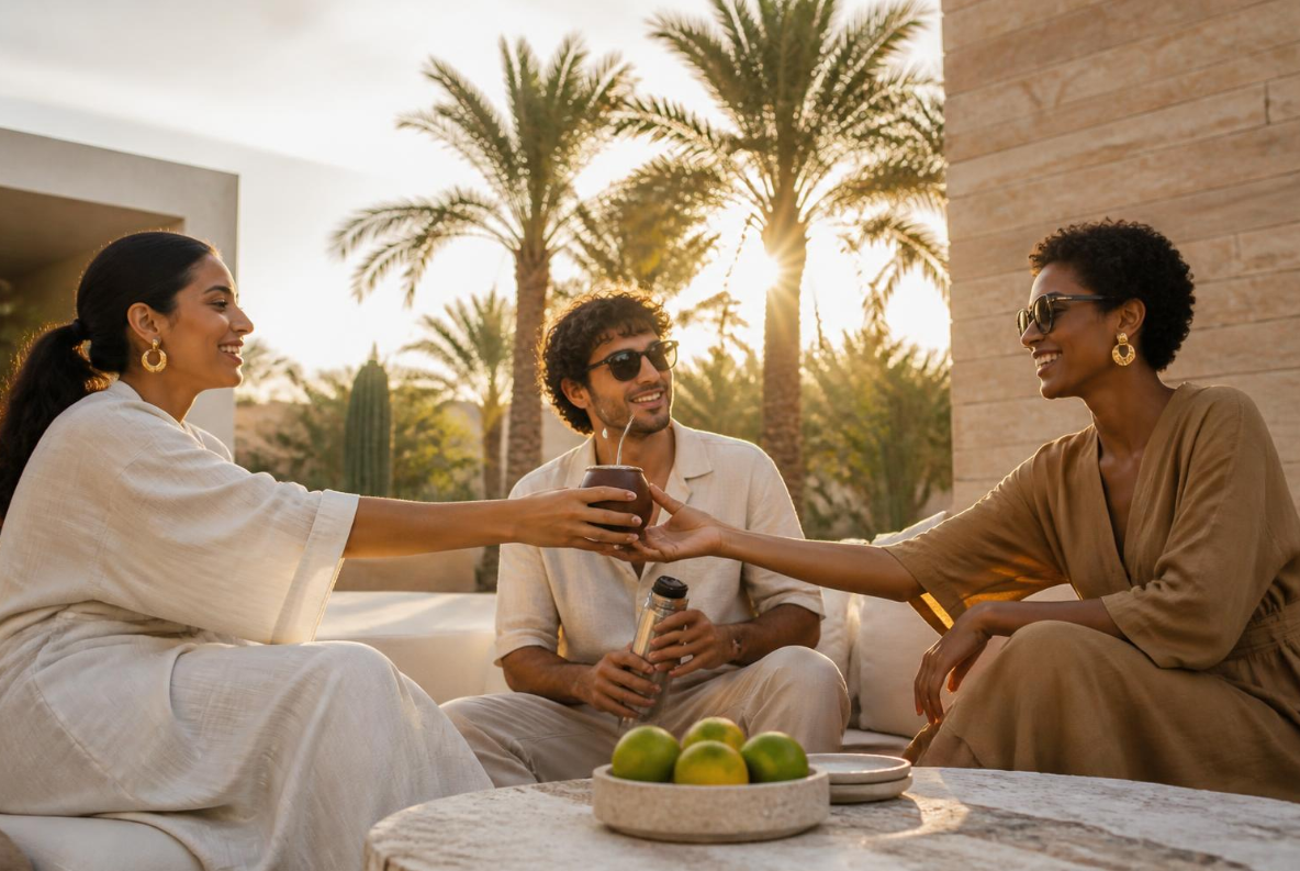 Three friends sharing yerba mate in a calm palm landscape in the UAE