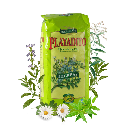 A package of Playadito Hierbas Yerba Mate tea with an illustration of herbs and flowers on the front.